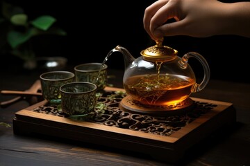 Fototapeta na wymiar Pouring Tea into Glass Teapot Creates a Serene, Refreshing, and Aromatic Tea Experience