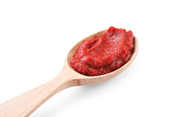 Wooden spoon of tasty tomato paste isolated on white