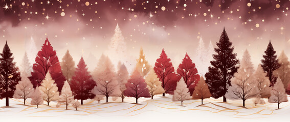 Holiday themed watercolor abstract forest full of festive christmas trees.