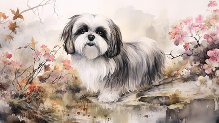 Shih Tzu cachorro fofo aquarela  - obrazy, fototapety, plakaty
