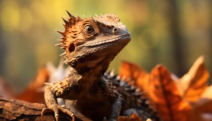 Obraz premium Photo of Close-Up of Lizard Camouflaged Among Vibrant Leaves