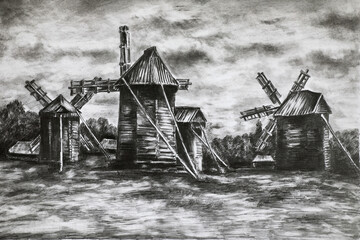 An old windmill on a field on a cloudy day. A modern drawing of a windmill drawn with graphite