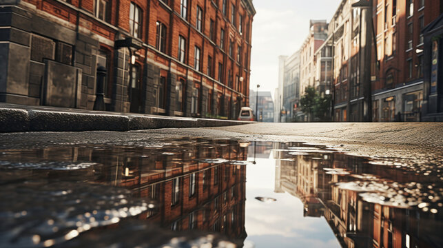 Reflections of buildings in a city puddle, rain drops glimmering in the light