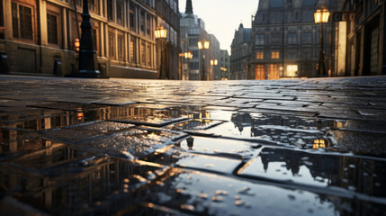 Reflections of buildings in a city puddle, rain drops glimmering in the light - obrazy, fototapety, plakaty