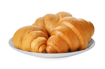 Plate with delicious fresh croissants isolated on white