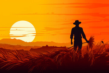 Farmer bailing hay in golden fields at sunset.