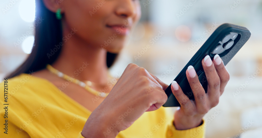 Poster woman, hands and scroll on smartphone in home, reading social media notification and update subscrip