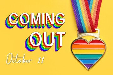 National Coming Out day, October 11. Rainbow pride ribbon with heart pendant on yellow background,...
