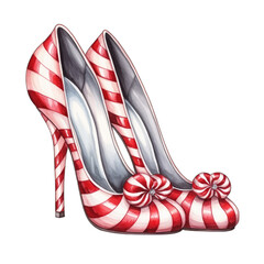 Peppermint striped Christmas themed high heel fashion shoes, isolated on transparent background