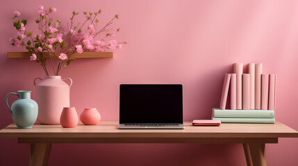cozy workplace with laptop. pink pastel color. copy space - obrazy, fototapety, plakaty