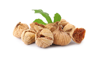 Tasty dried figs and green leaf isolated on white