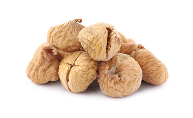 Many tasty dried figs isolated on white