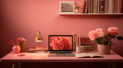 cozy workplace with laptop. pink pastel color. copy space