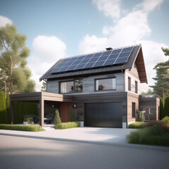 Modern suburb house with a solar roof and garage