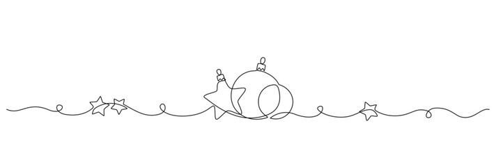 One continuous line drawing of Christmas greeting card. Festive balls and baubles and stars for winter holiday card in simple linear style. Xmas decor in editable stroke. Doodle vector illustration © Olga Rai