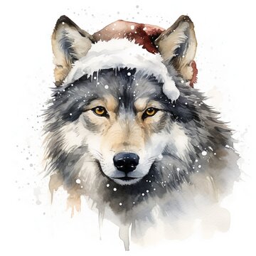 a digital art of a wolf wearing a Santa hat in the snow.