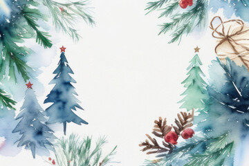 Decorated Christmas Watercolor Banner with Christmas Trees and Fir Branches