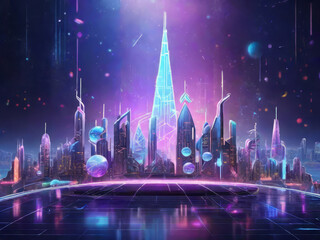 Fototapeta premium New Year's Eve in The City of Future, looked from river decorated with Christmas trees with lightning. Illustration