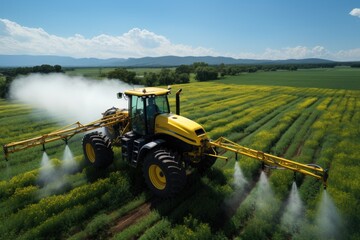 Agricultural Sprayer Spreading Chemicals on a Crop Field - obrazy, fototapety, plakaty