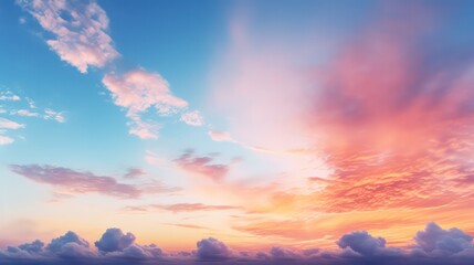 Fototapeta premium Panoramic sunset sky with vibrant clouds, displaying a colorful twilight sky during the sunny evening.