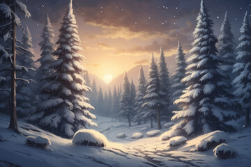 Illustration of sunset in The Magical Snowy Forest with frozen river in the middle. 
