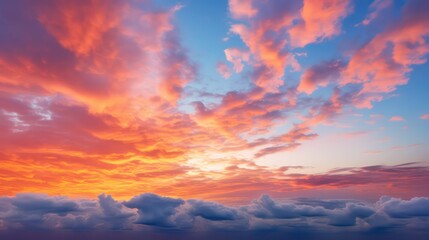 Obraz premium Panoramic sunset sky with vibrant clouds, displaying a colorful twilight sky during the sunny evening.