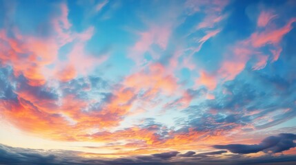 Fototapeta na wymiar Panoramic sunset sky with vibrant clouds, displaying a colorful twilight sky during the sunny evening.