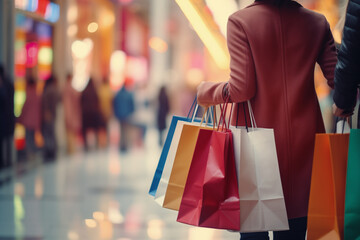 Happy Shopper: Woman with Shopping Bags in a Vibrant Shopping Mall