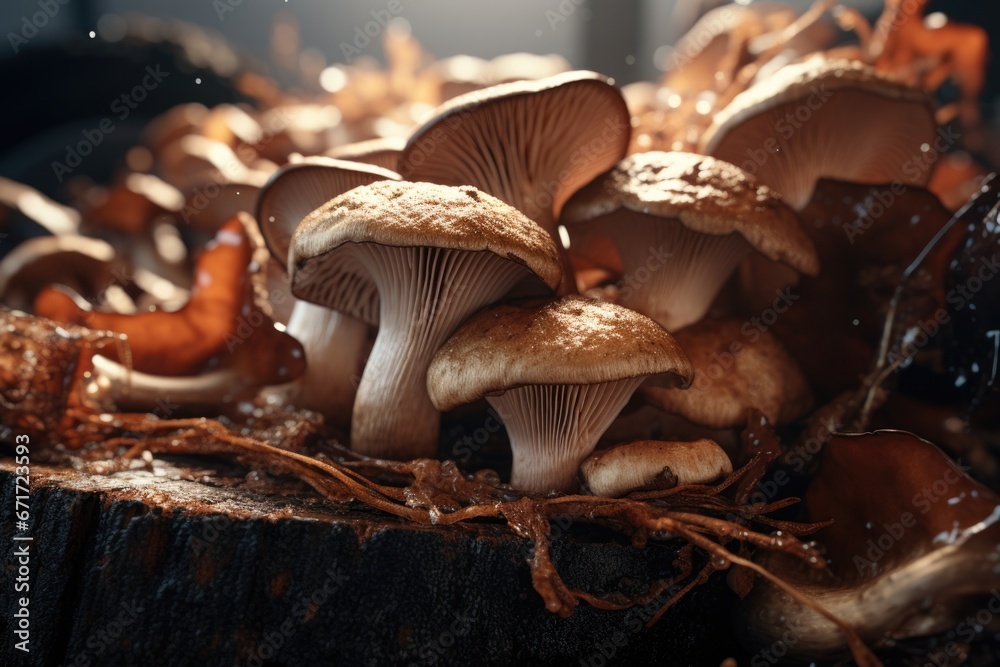 Poster a group of mushrooms sitting on top of a pile of leaves. perfect for nature and autumn-themed projec