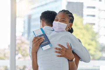 Airport, travel and face mask with couple hug with covid passport before international flight...