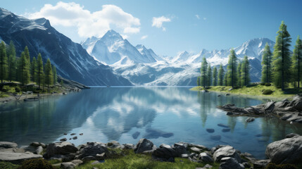 quiet lake sits in the valley below, its still surface reflecting the surrounding landscape - obrazy, fototapety, plakaty