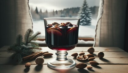 Swedish mulled wine, also known as 'glögg', served in a crystal clear glass with raisins and almonds at the bottom, placed on a wooden table, with a glimpse of a snow-covered Swedish landscape outside