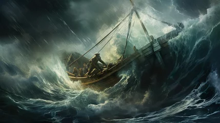 Foto op Plexiglas A fisherman braving a monstrous storm fighting the © Anna
