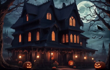 A terrifying Halloween night with jack-o'-lanterns and vampire bats.