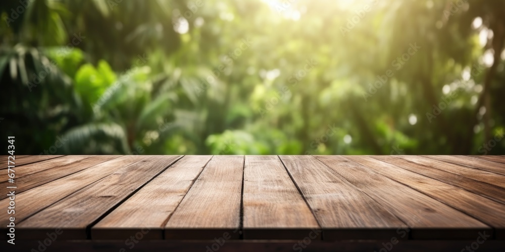 Poster A picture of a wooden table with a blurred background. This versatile image can be used in various contexts