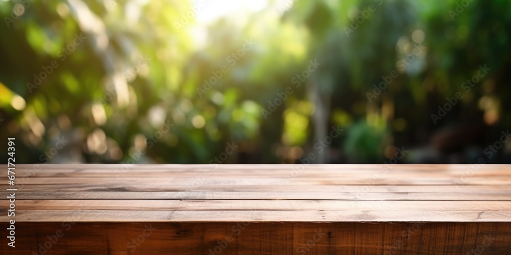 Poster A wooden table is depicted in the image with a blurry background. This versatile picture can be used in various settings