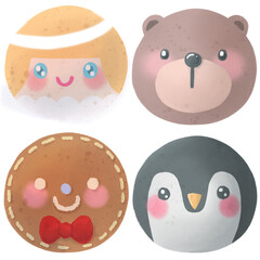 Set of cute head cookie drawings: Angel, Bear, Gingerbread Cookie, Penguin For decorating your Christmas designs. 
