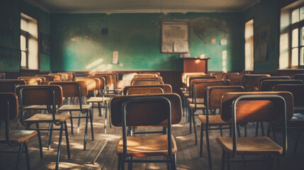 Fototapeta na wymiar Empty classroom with vintage tone wooden chairs. Back to school concept.