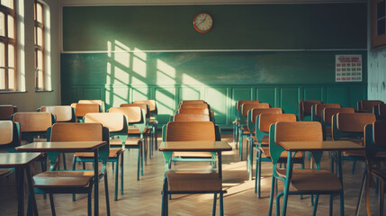 Empty classroom with vintage tone wooden chairs. Back to school concept.