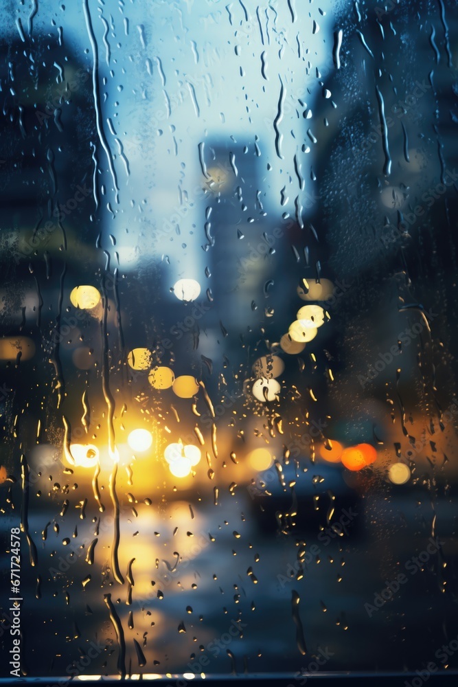 Poster a view of a cityscape seen through a rain-streaked window. this image can be used to depict a rainy 