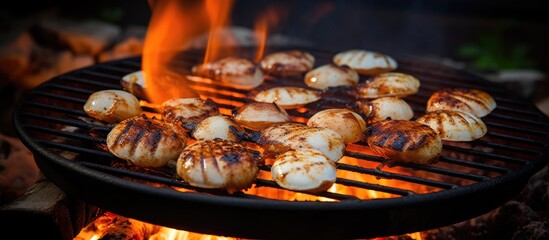 Cooking scallops on the campsite grill - obrazy, fototapety, plakaty