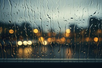 A view of a city seen through a rainy window. This image can be used to depict a rainy urban scene or to illustrate the concept of urban life in wet weather