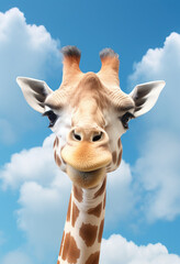 Close up funny looking giraffe head portrait with clouds in background