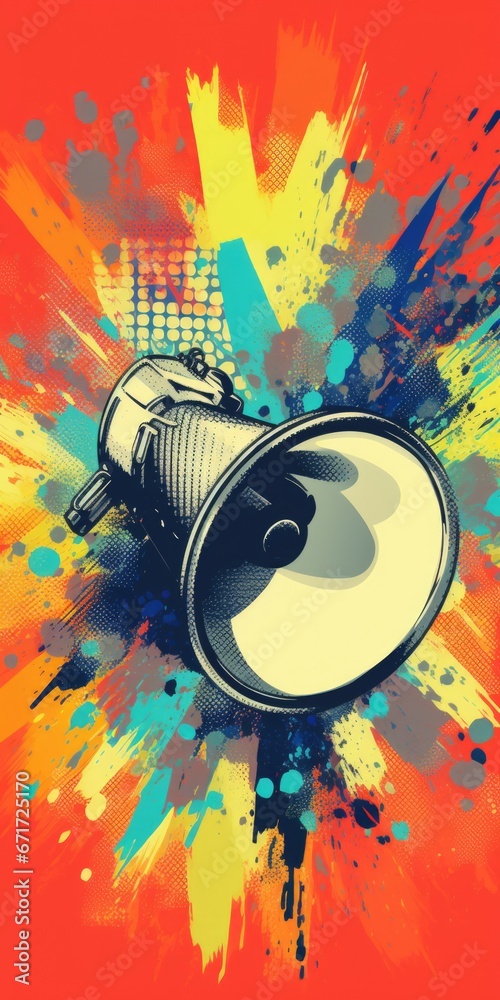 Poster a speaker with vibrant paint splatters against a bold red background. this image is perfect for musi