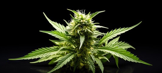 Drug legalization background - Closeup of marijuana leaves, cannabis plants, isolated on black table background