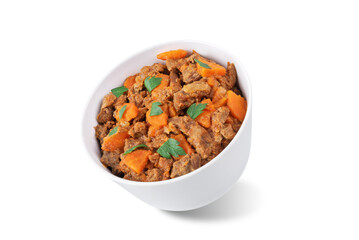 Beef stew in a bowl on a white isolated background