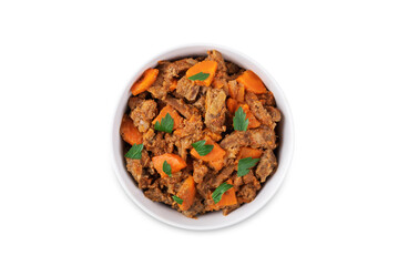 Beef stew in a bowl on a white isolated background