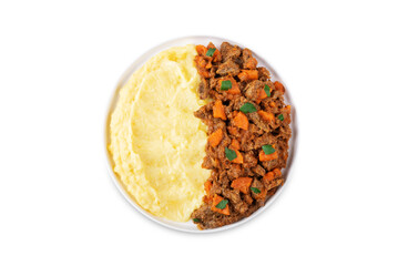 Beef stew with mashed potatoes on a white isolated background