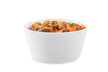 Beef stew in a bowl on a white isolated background