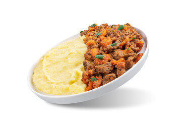 Beef stew with mashed potatoes on a white isolated background
